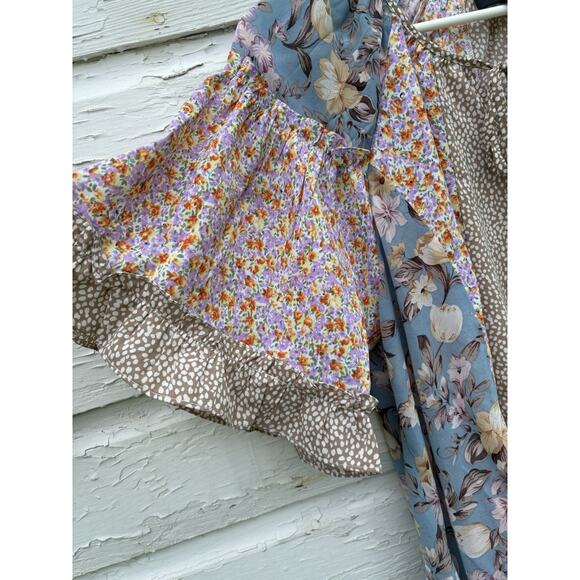 GIGIO Top Size L Colorful Mixed Floral Sheer Ruffle Boho Peasant Tassel Blouse - Picture 5 of 6